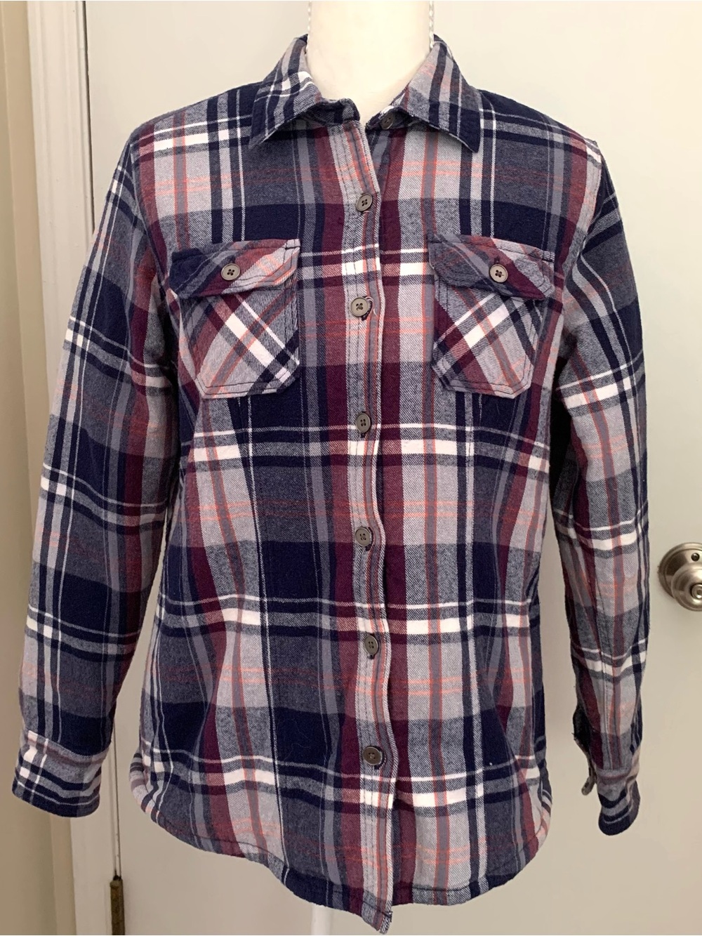 Natural Reflections Shacket Shirt Jacket Flannel Sherpa Lined Puffer Sleeve Sz M